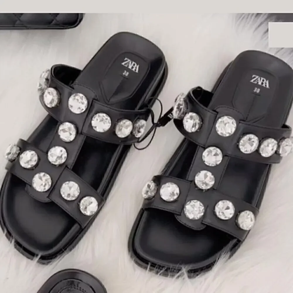 ZARA Black Crystal Embellished Flat Sandals NWT Double Strap Gem Slides Size 7.5 - Picture 12 of 16